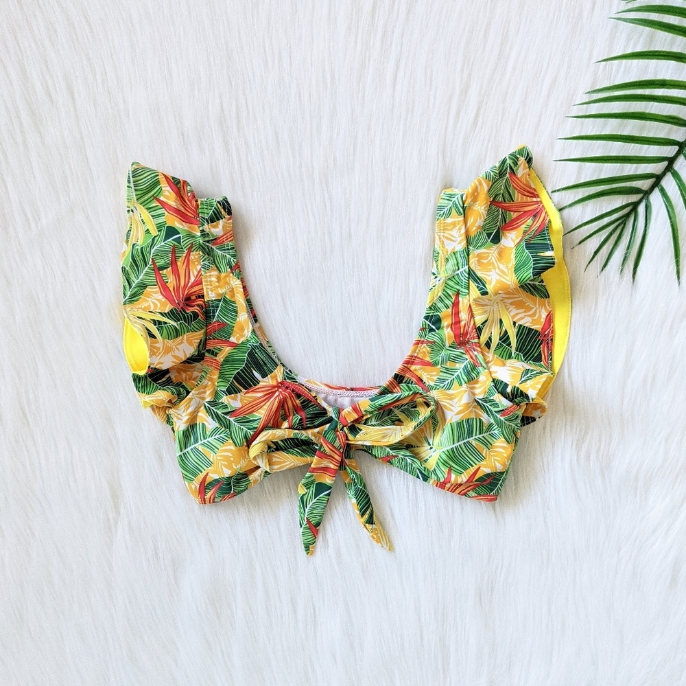 Yellow Tropical print tie front ruffle bikini top